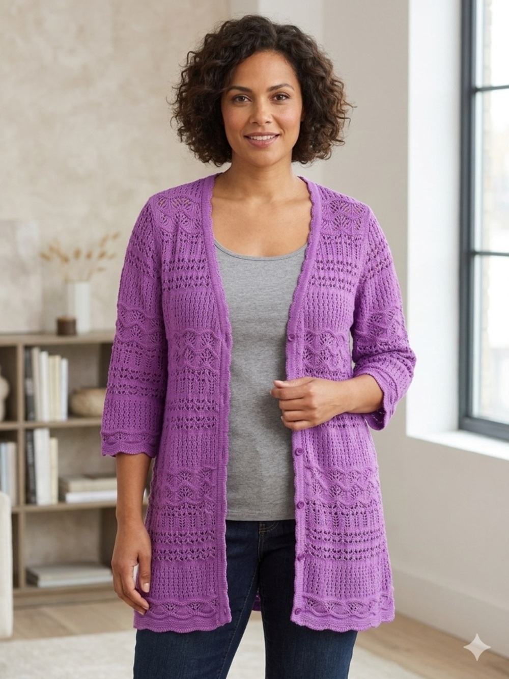 BLAIR Purple Crochet Knit Open Front Cardigan Sweater XL 3/4 Sleeve